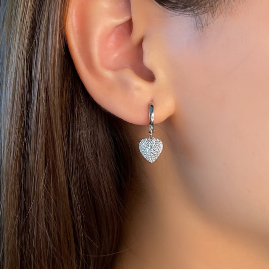 Sterling Silver Hanging Puffy Micropave Heart Earrings - HK Jewels