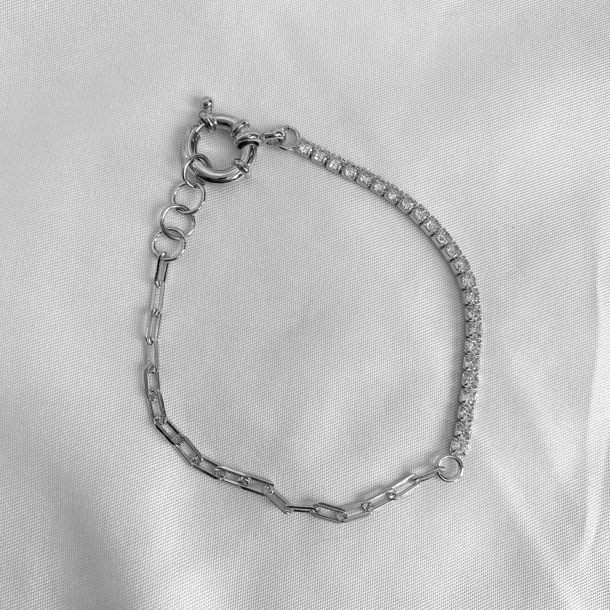 Sterling Silver Half Tennis Half Paperclip Adjustable Bracelet - HK Jewels