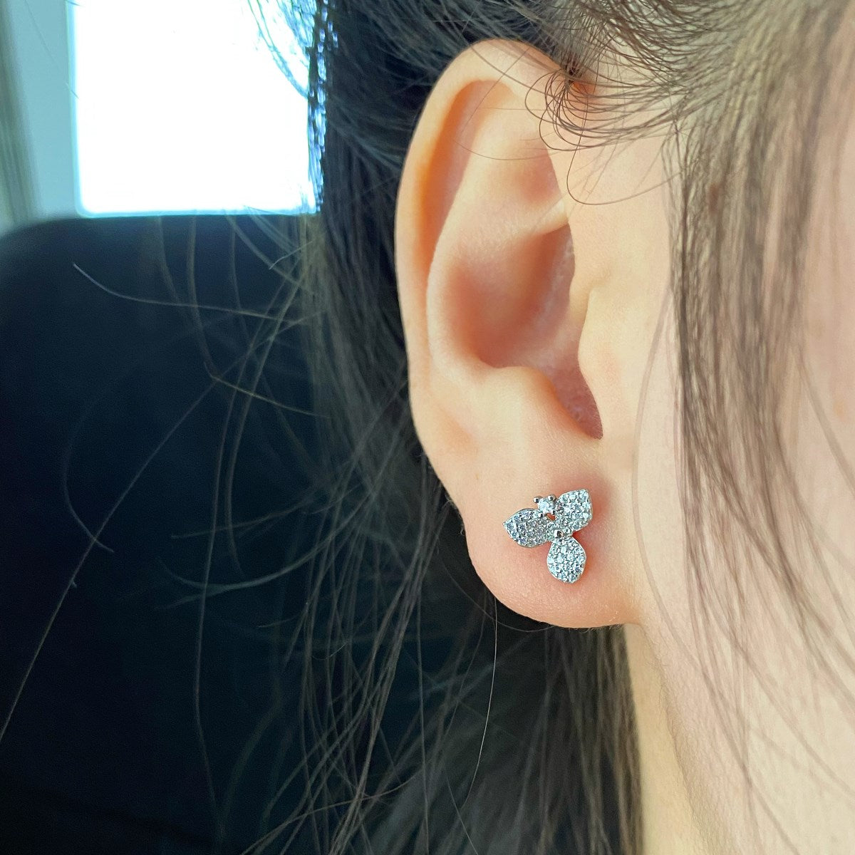 Sterling Silver Micropave Three Petal Flower Stud Earrings - HK Jewels