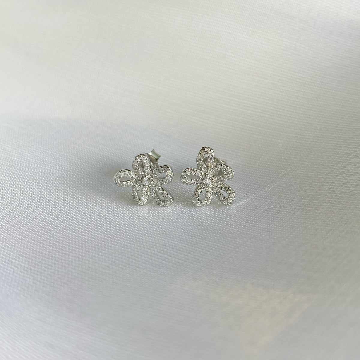 Sterling Silver Micropave Flower Stud Earrings - HK Jewels