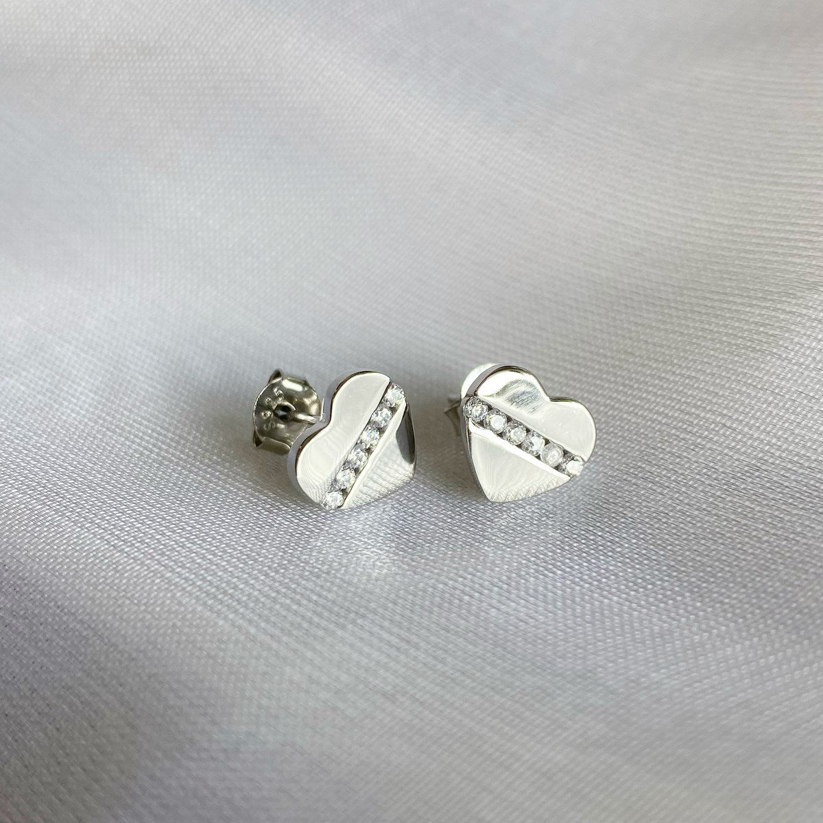 Sterling Silver CZ Stripe Heart Stud Earrings - HK Jewels
