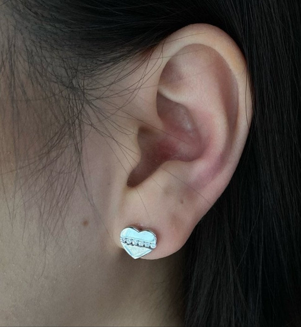 Sterling Silver CZ Stripe Heart Stud Earrings - HK Jewels