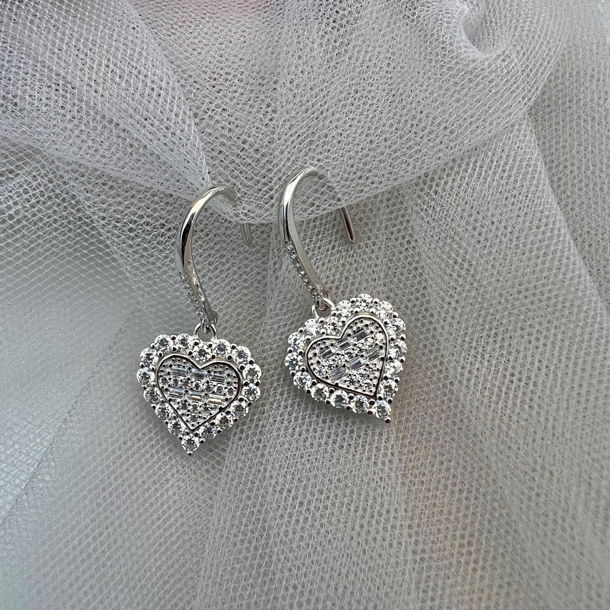 Sterling Silver Hanging Heart Earrings - HK Jewels