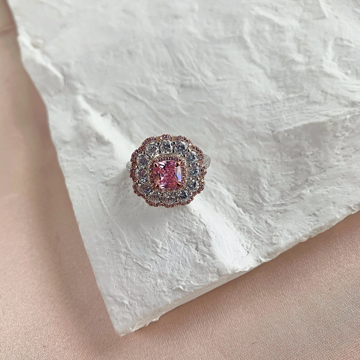 Sterling Silver Cushion Shaped Center Pink and Clear CZ Ring - HK Jewels