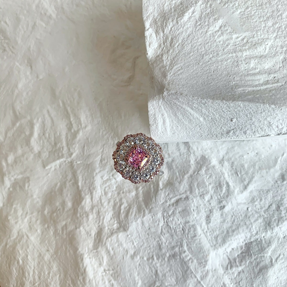 Sterling Silver Cushion Shaped Center Pink and Clear CZ Ring - HK Jewels