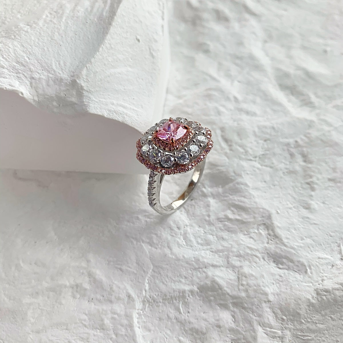 Sterling Silver Cushion Shaped Center Pink and Clear CZ Ring - HK Jewels