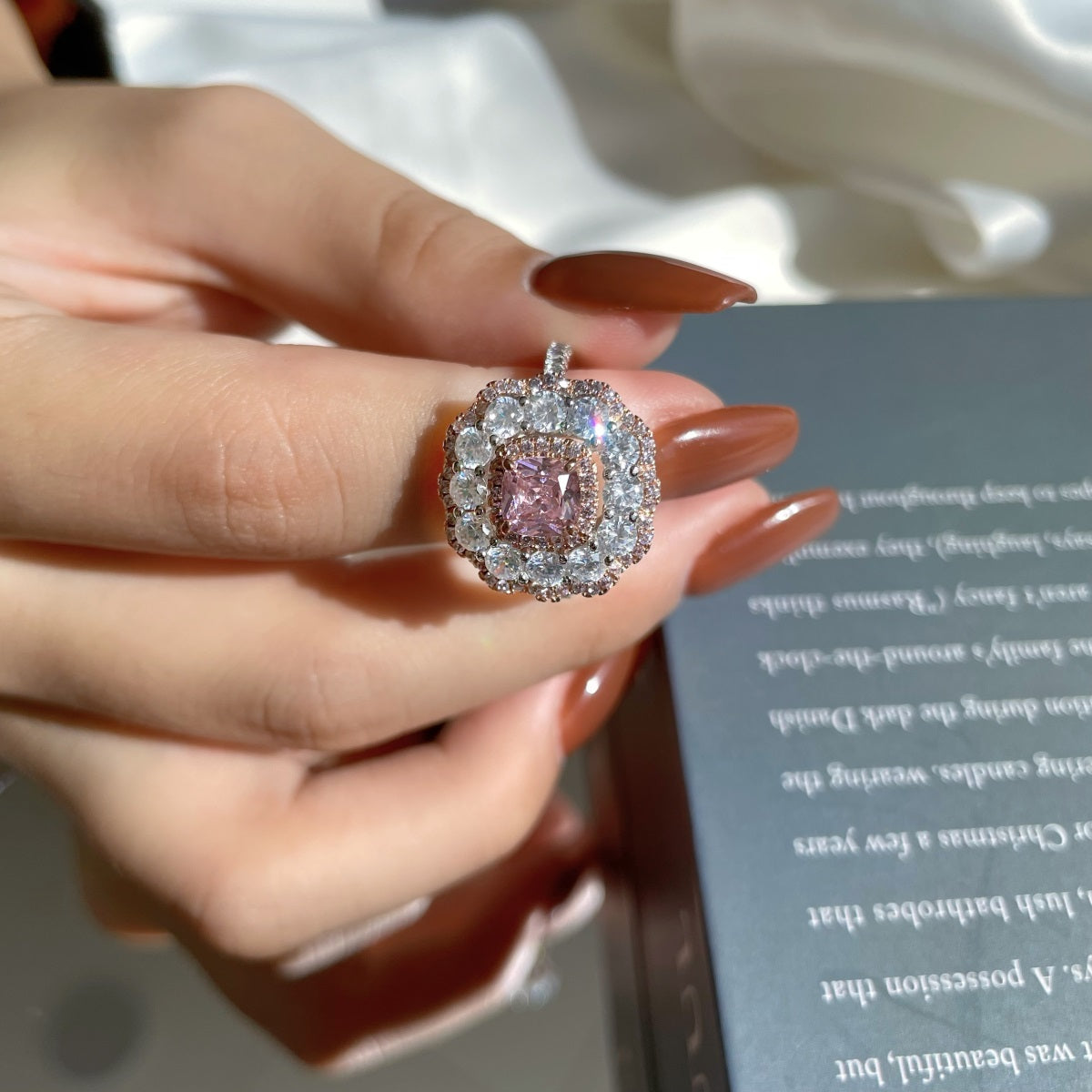 Sterling Silver Cushion Shaped Center Pink and Clear CZ Ring - HK Jewels