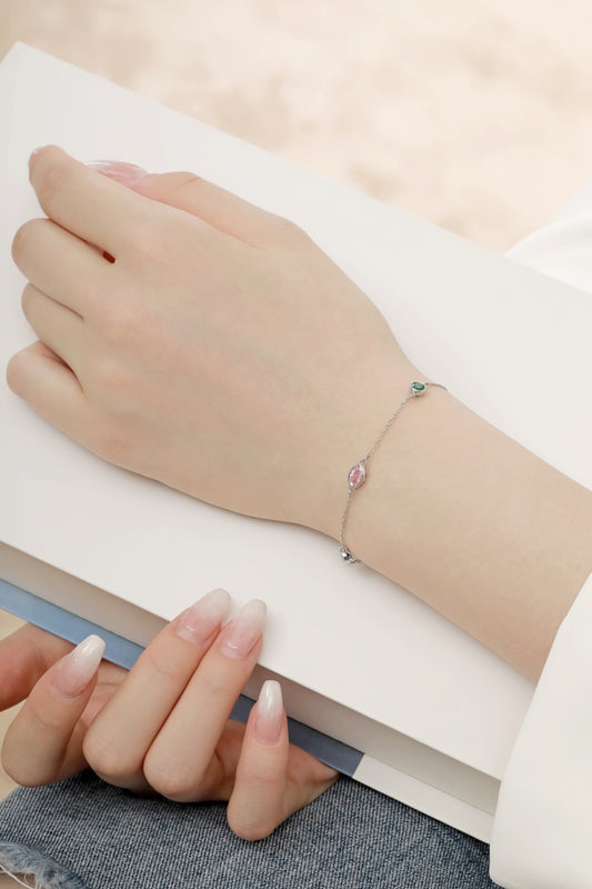 Sterling Silver Colorful Bezel Set Round and Oval Stones Adjustable Bracelet - HK Jewels
