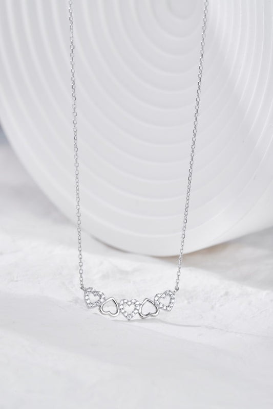 Sterling Silver CZ Five Heart Bar Necklace - HK Jewels