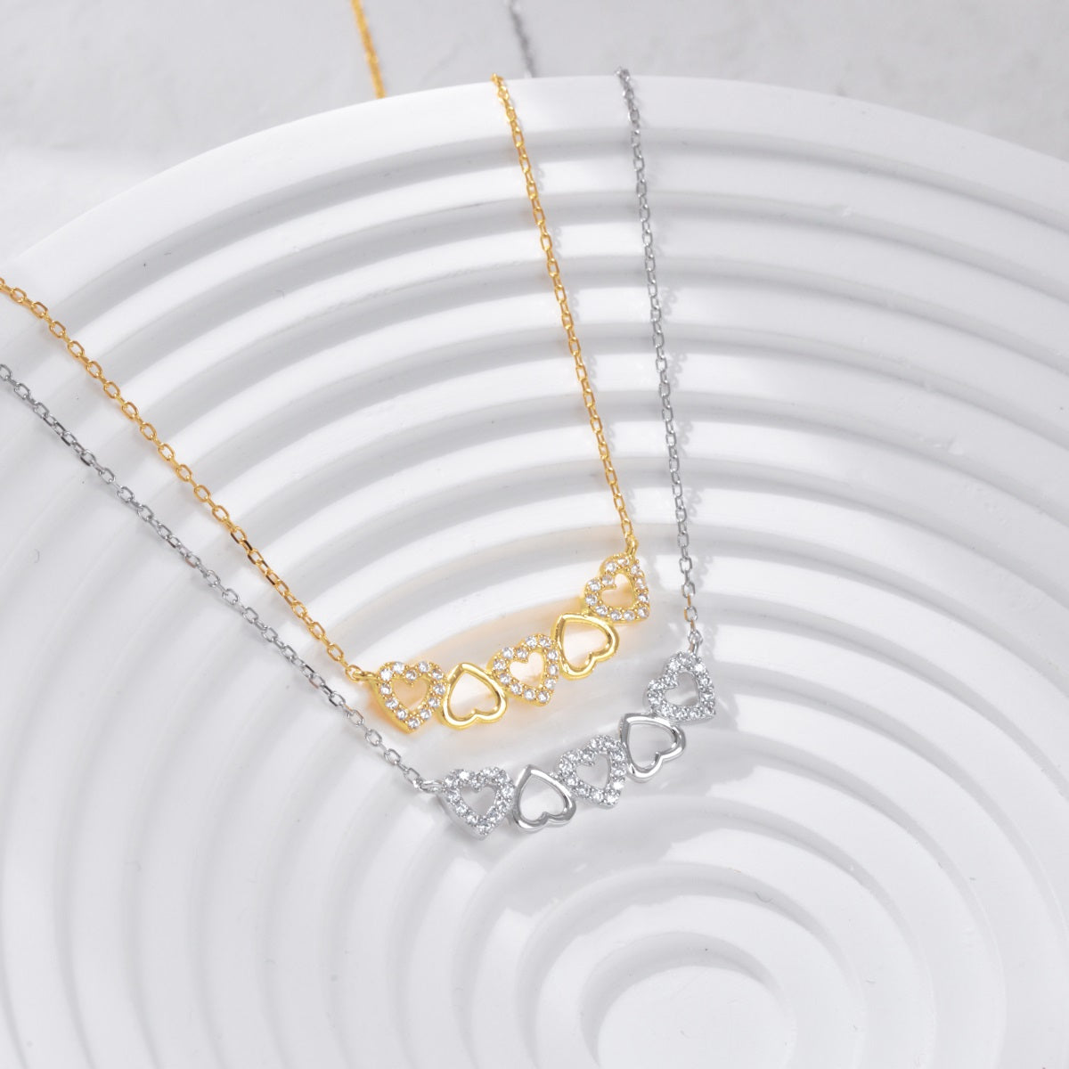 Sterling Silver CZ Five Heart Bar Necklace - HK Jewels