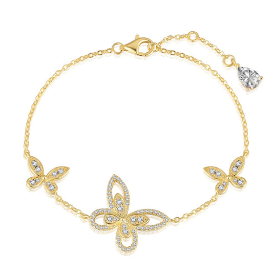 Sterling Silver Adjustable 3 Micropave (Center is Outlined) Butterflies Bracelet - HK Jewels