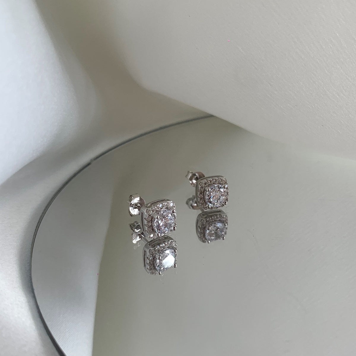 Sterling Silver Cushion Shaped Halo Stud Earrings - HK Jewels