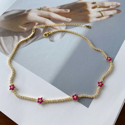 Sterling Silver Colorful Tennis Flower Necklace - HK Jewels