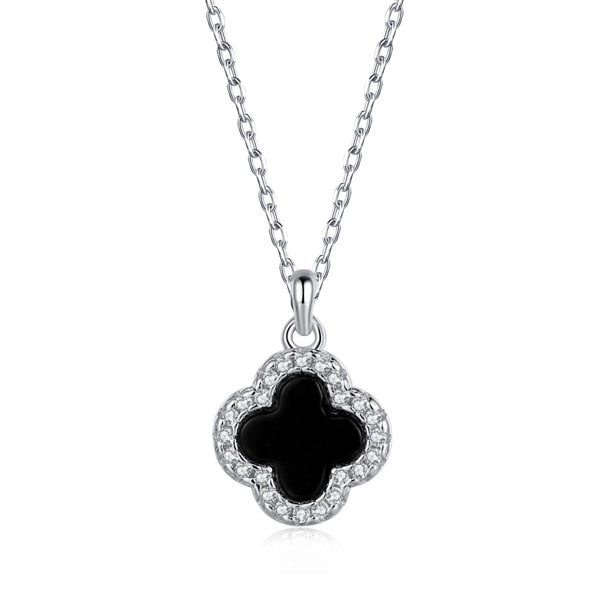 Sterling Silver Black Onyx Clover Necklace with CZ Border – HK Jewels