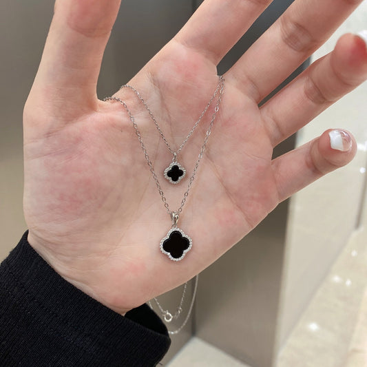 Sterling Silver Black Onyx Clover Necklace with CZ Border - HK Jewels
