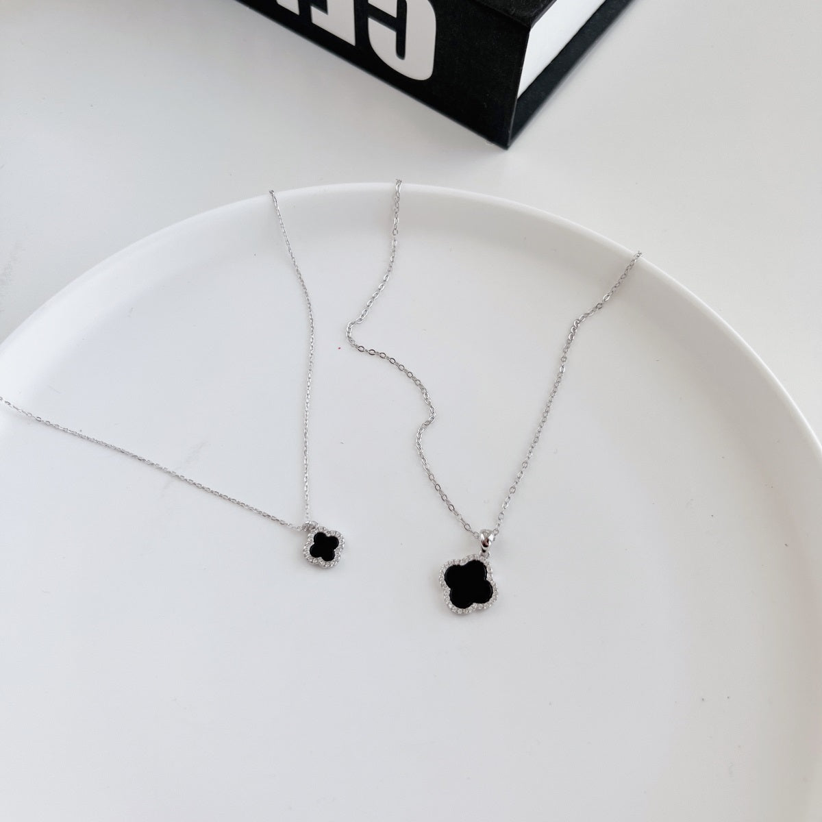 Sterling Silver Black Onyx Clover Necklace with CZ Border - HK Jewels