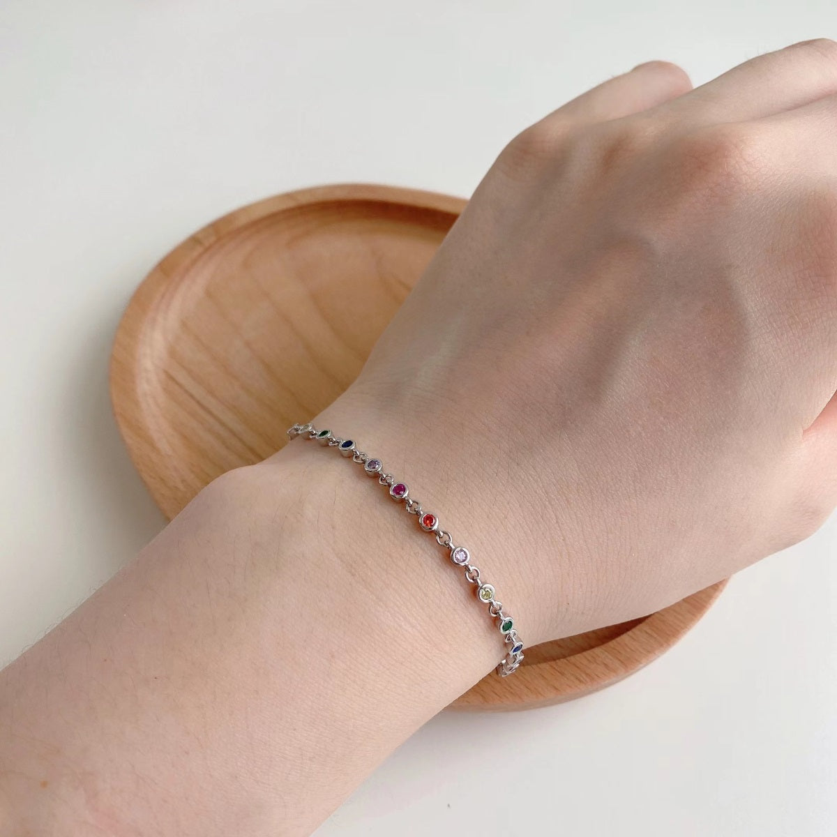 Sterling Silver Colorful Bezel Set Stones Adjustable Bracelet - HK Jewels