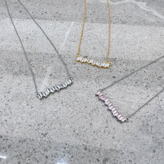 Yellow Gold Plated Sterling Silver Pink CZ Baguette Bar Necklace - HK Jewels