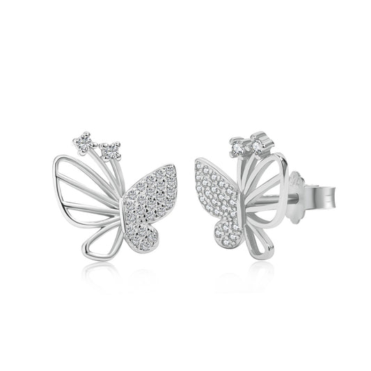 Sterling Silver Half Open Micropave Butterfly Stud Earrings - HK Jewels