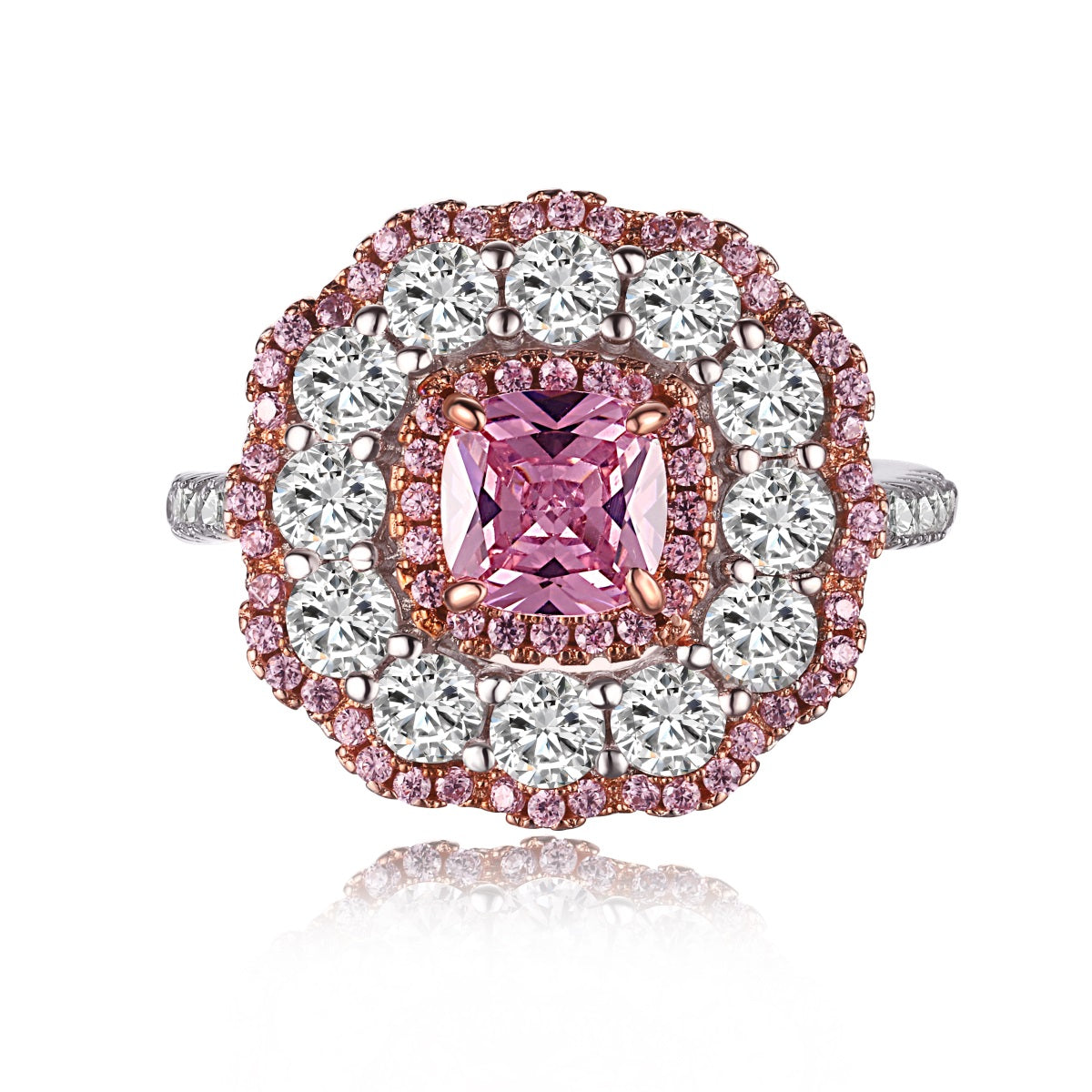 Sterling Silver Cushion Shaped Center Pink and Clear CZ Ring - HK Jewels
