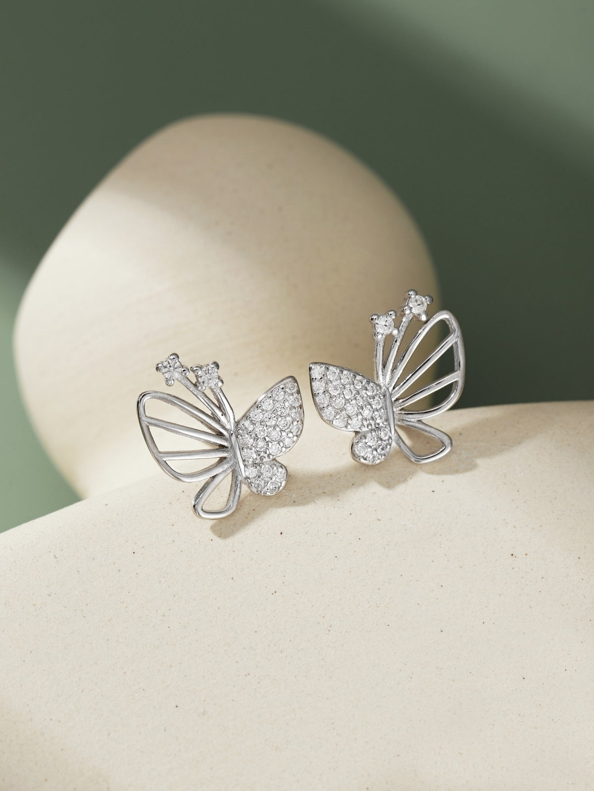 Sterling Silver Half Open Micropave Butterfly Stud Earrings - HK Jewels