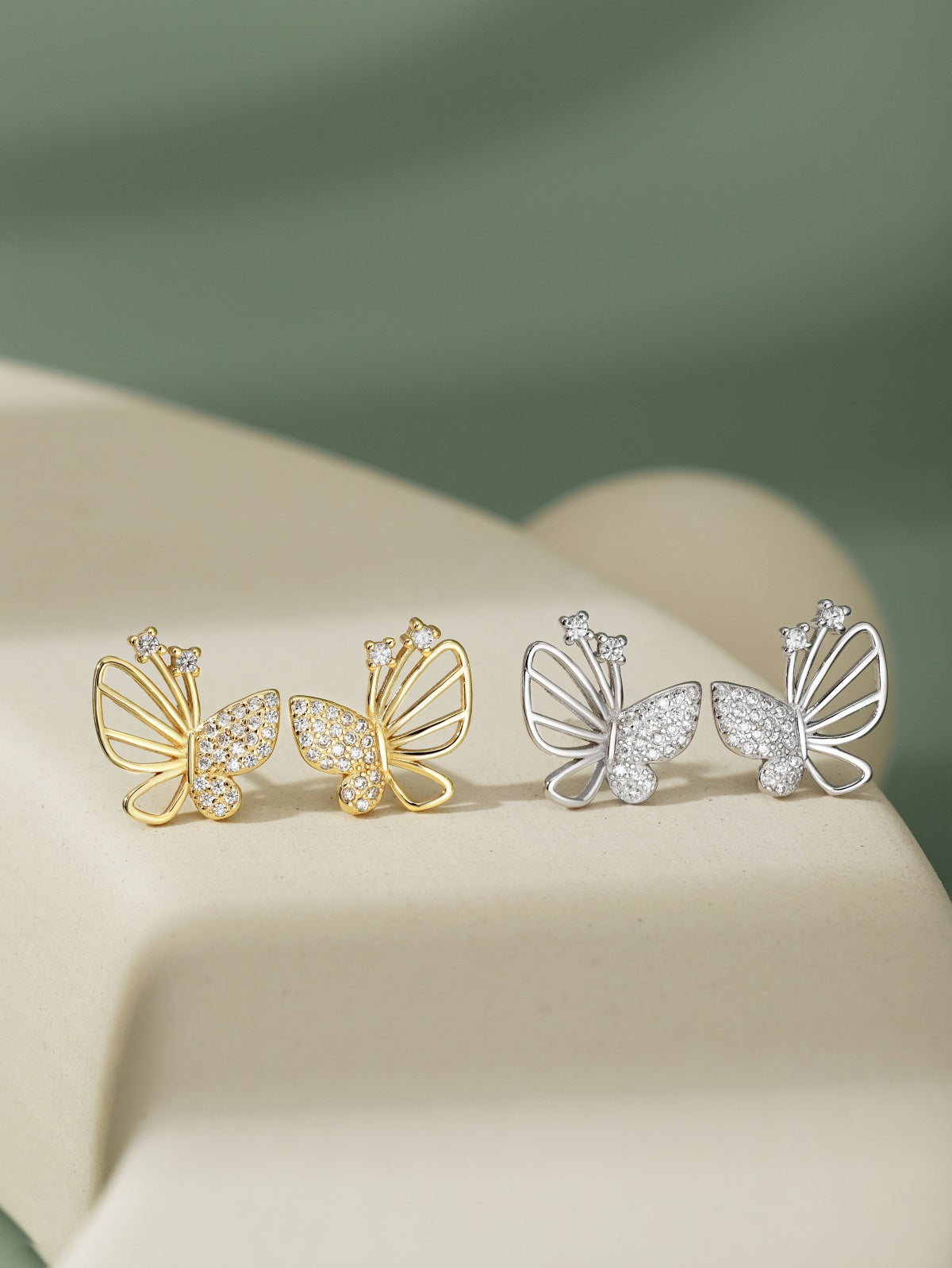 Sterling Silver Half Open Micropave Butterfly Stud Earrings - HK Jewels