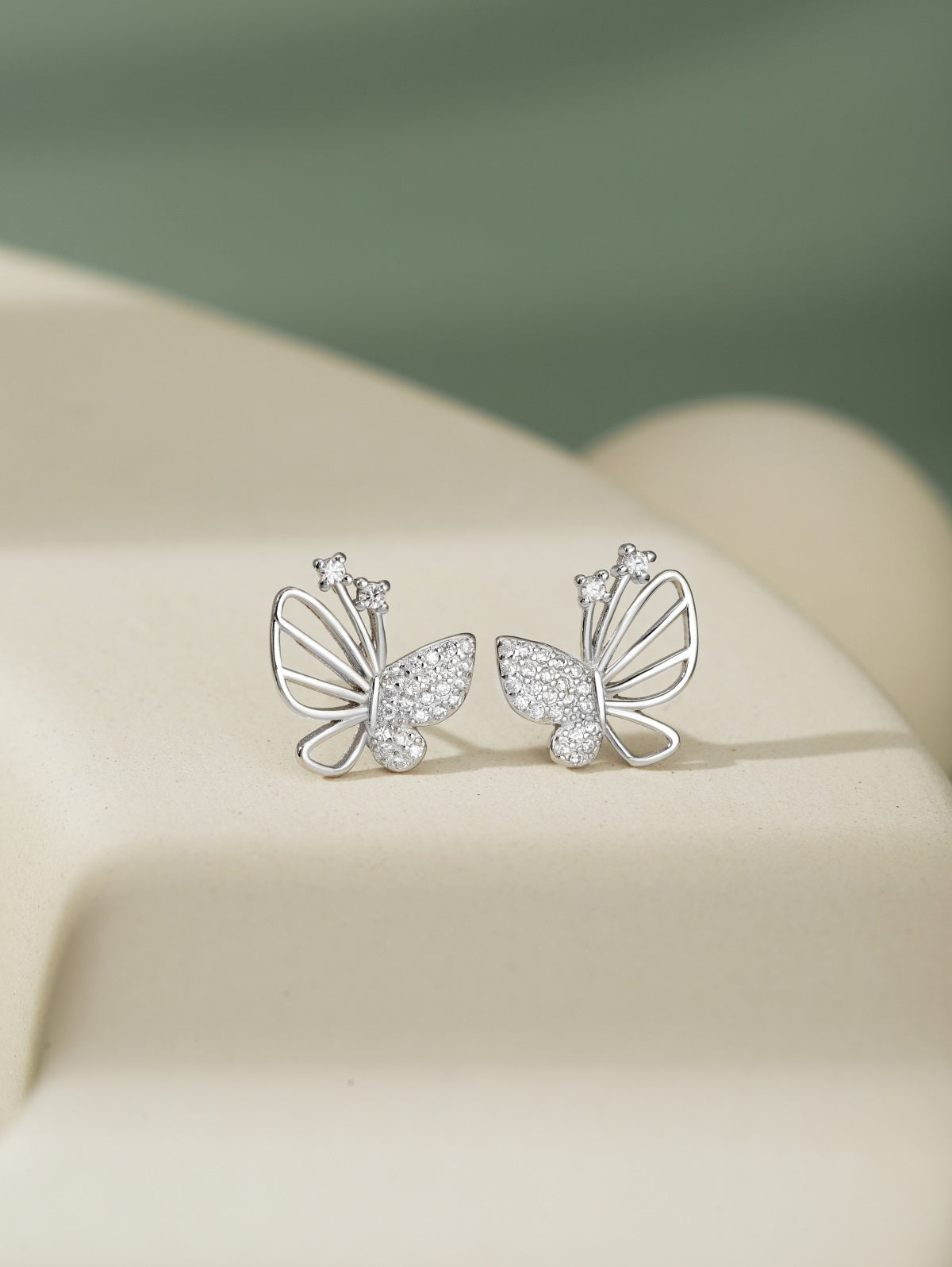 Sterling Silver Half Open Micropave Butterfly Stud Earrings - HK Jewels