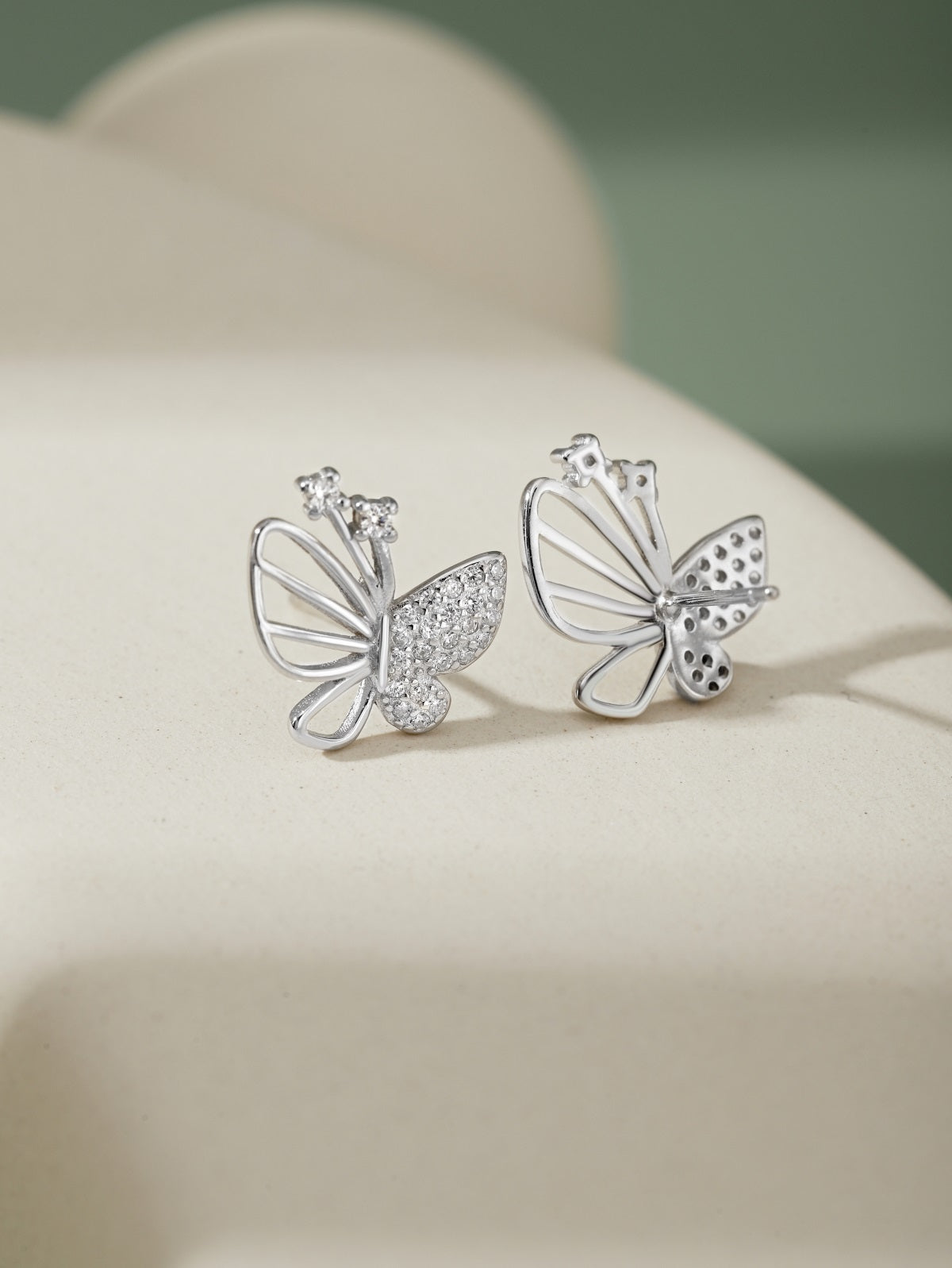 Sterling Silver Half Open Micropave Butterfly Stud Earrings - HK Jewels