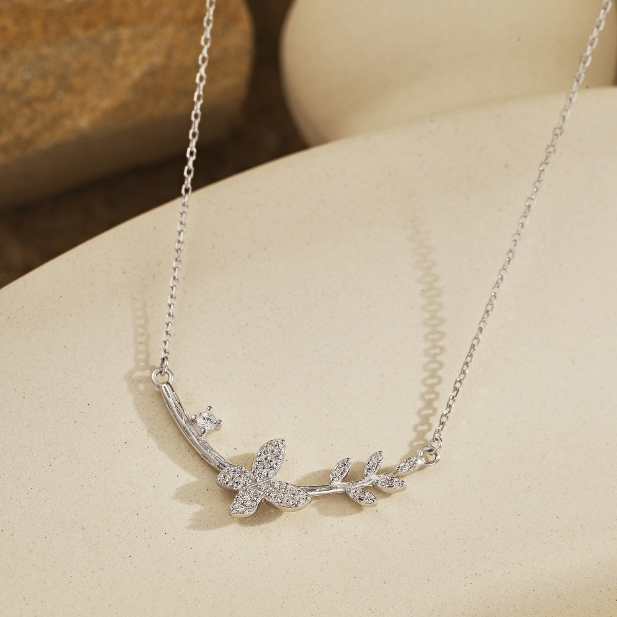 Sterling Silver Butterfly and Floral Design Bar Necklace - HK Jewels