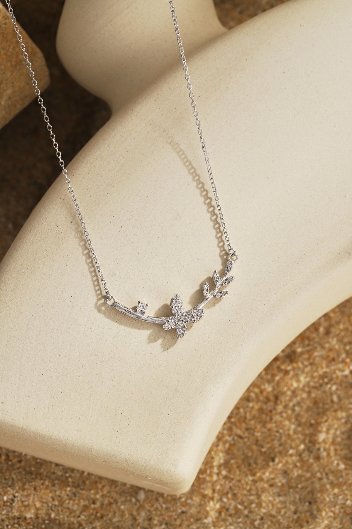 Sterling Silver Butterfly and Floral Design Bar Necklace - HK Jewels