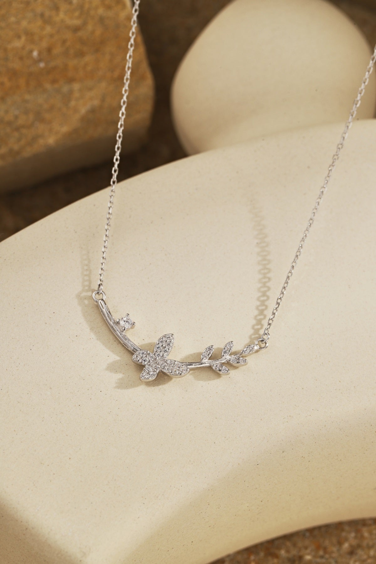 Sterling Silver Butterfly and Floral Design Bar Necklace - HK Jewels
