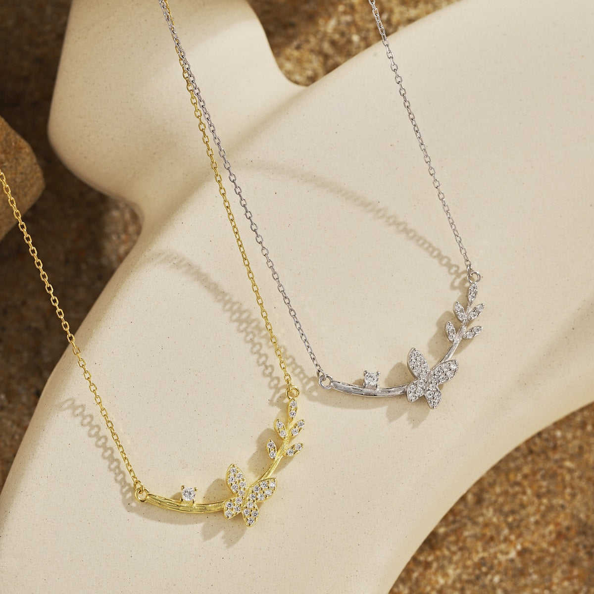 Sterling Silver Butterfly and Floral Design Bar Necklace - HK Jewels