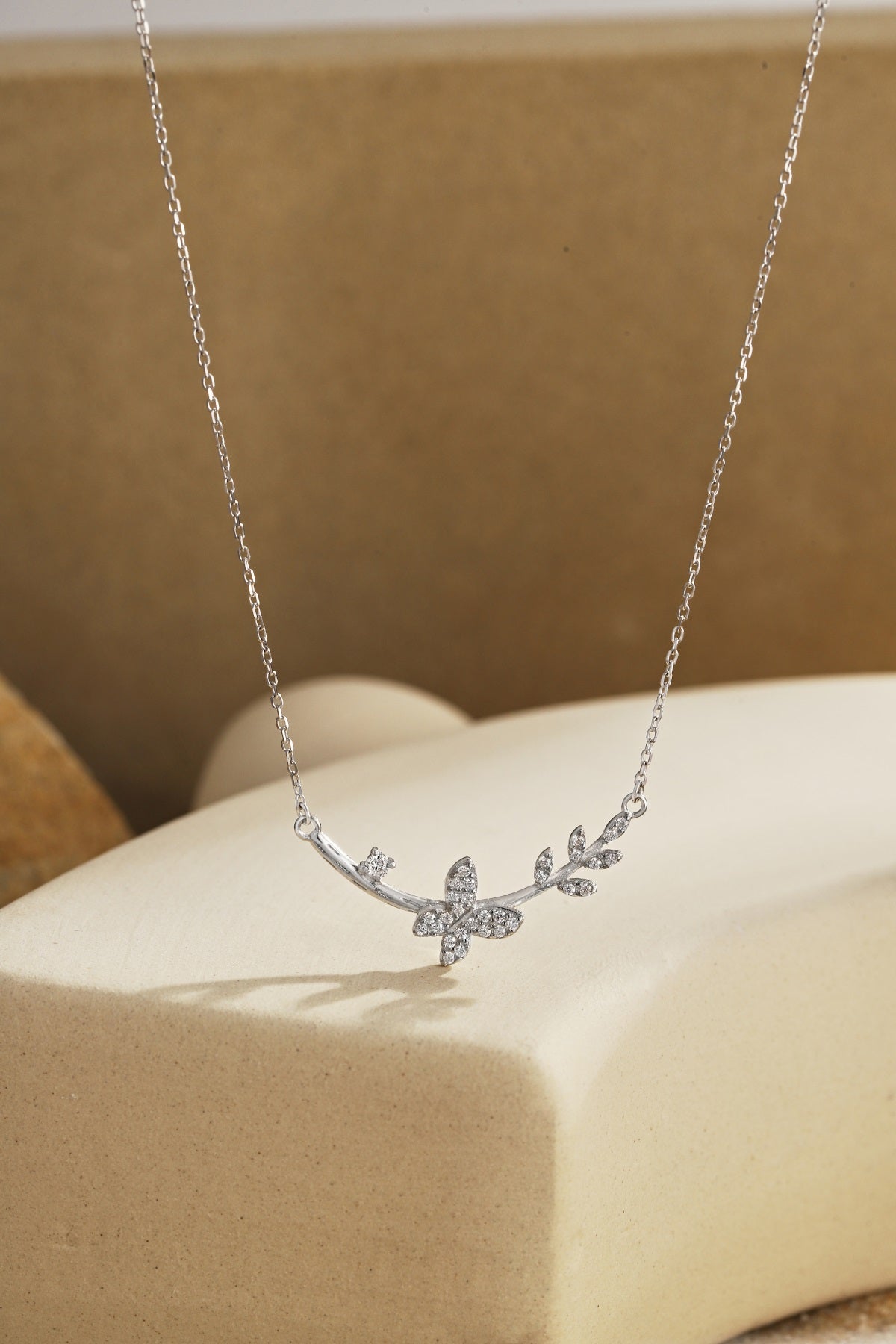 Sterling Silver Butterfly and Floral Design Bar Necklace - HK Jewels