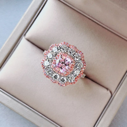 Sterling Silver Cushion Shaped Center Pink and Clear CZ Ring - HK Jewels