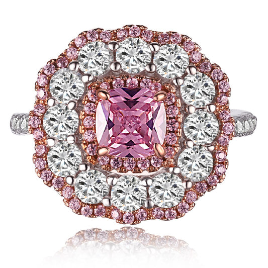 Sterling Silver Cushion Shaped Center Pink and Clear CZ Ring - HK Jewels
