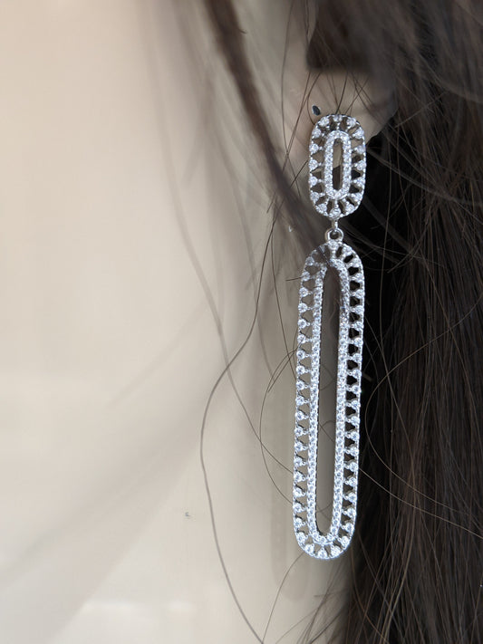 Sterling Silver CZ Long Oval Earring - HK Jewels