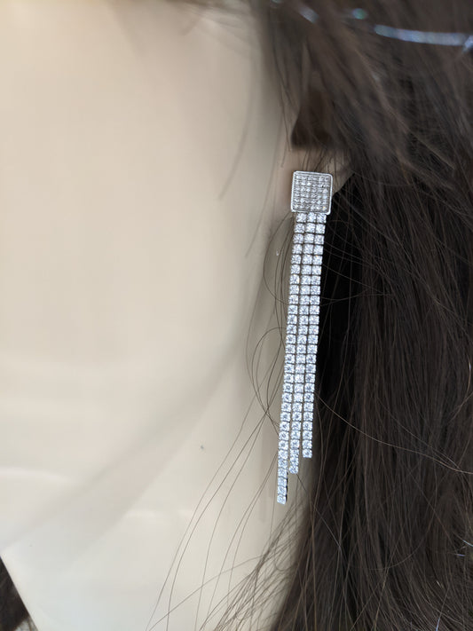 Sterling Silver CZ Long Tennis Strands Earring - HK Jewels