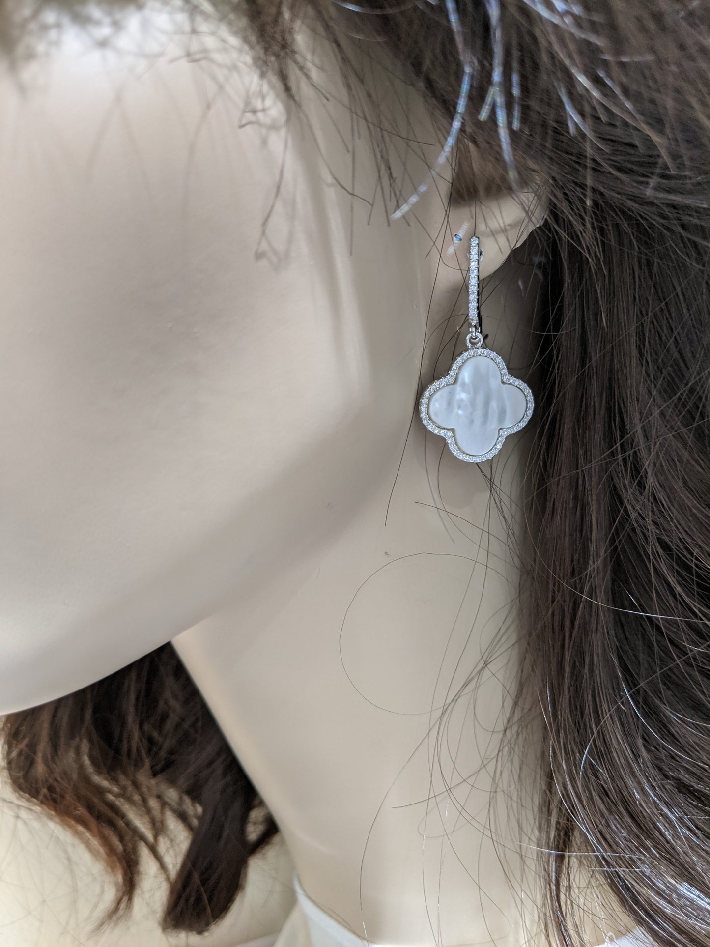 Sterling Silver Mother of Pearl Clover With CZs Earrings - HK Jewels