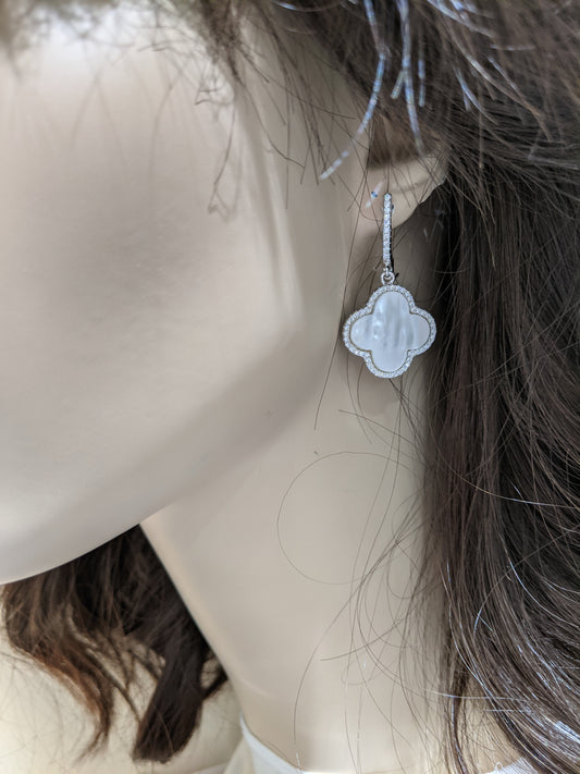 Sterling Silver Mother of Pearl Clover With CZs Earrings - HK Jewels