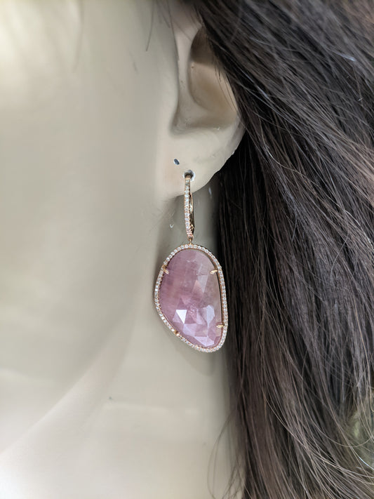 14K Rose Gold And Diamond Sliced Sapphire Natural Stone Earrings - HK Jewels