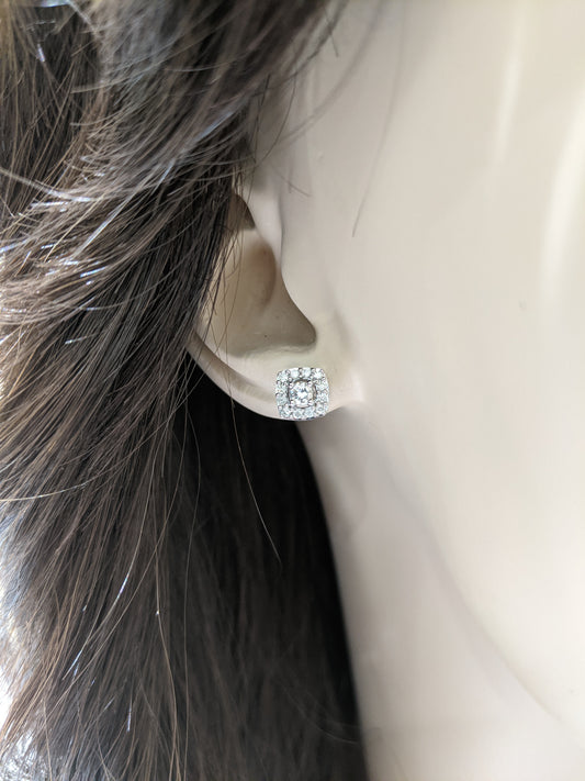 10K Gold And Diamond Micropave Square Framed Center Stone Stud Earrings - HK Jewels