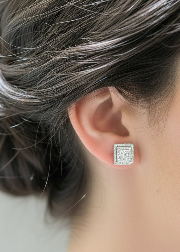 14K Gold And Diamond Center Stone and 2-Tier Square Framed Stud Earring - HK Jewels