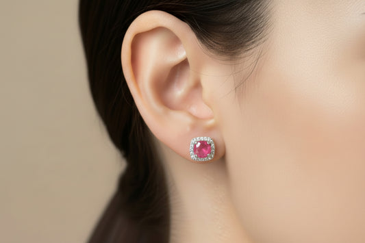 10K Gold And Diamond Framed Ruby Stud Earring - HK Jewels