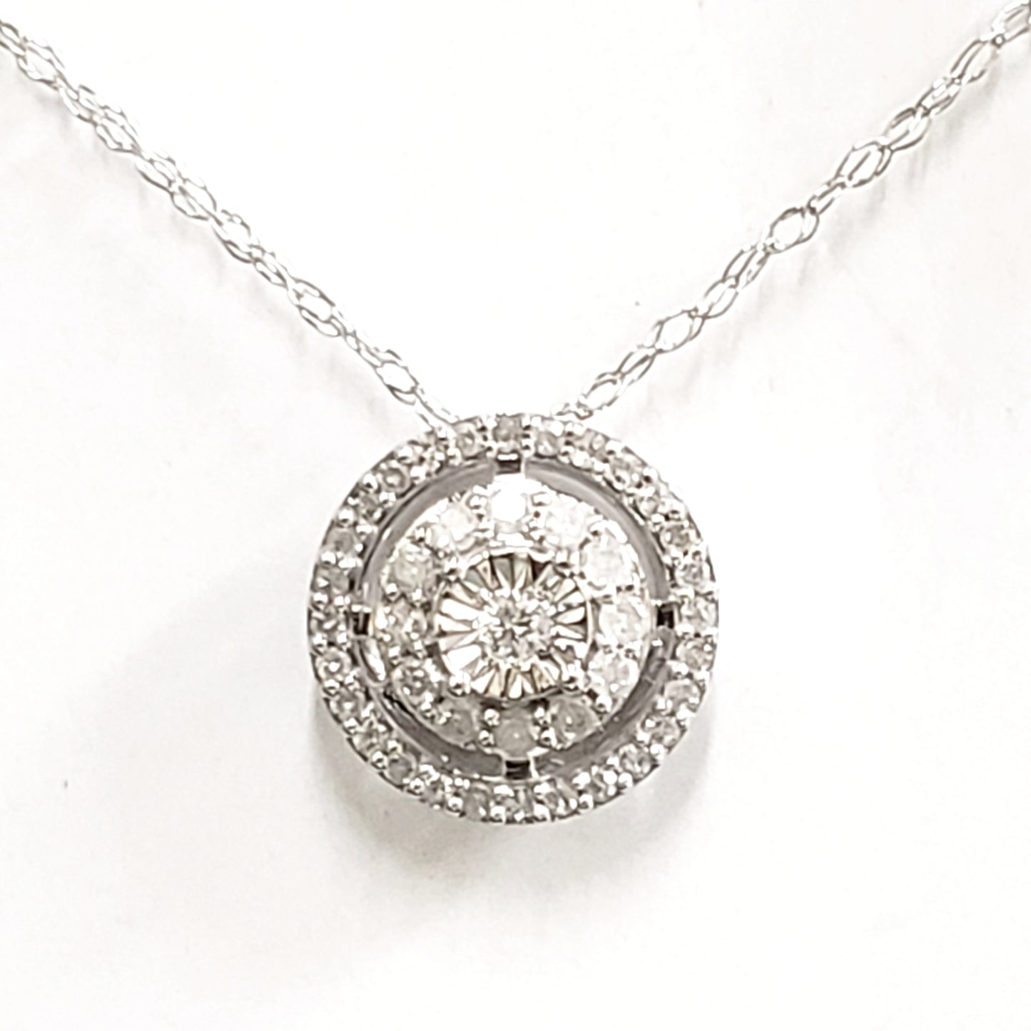 White Gold and Diamond Halo Solitaire Shaped Necklace - HK Jewels