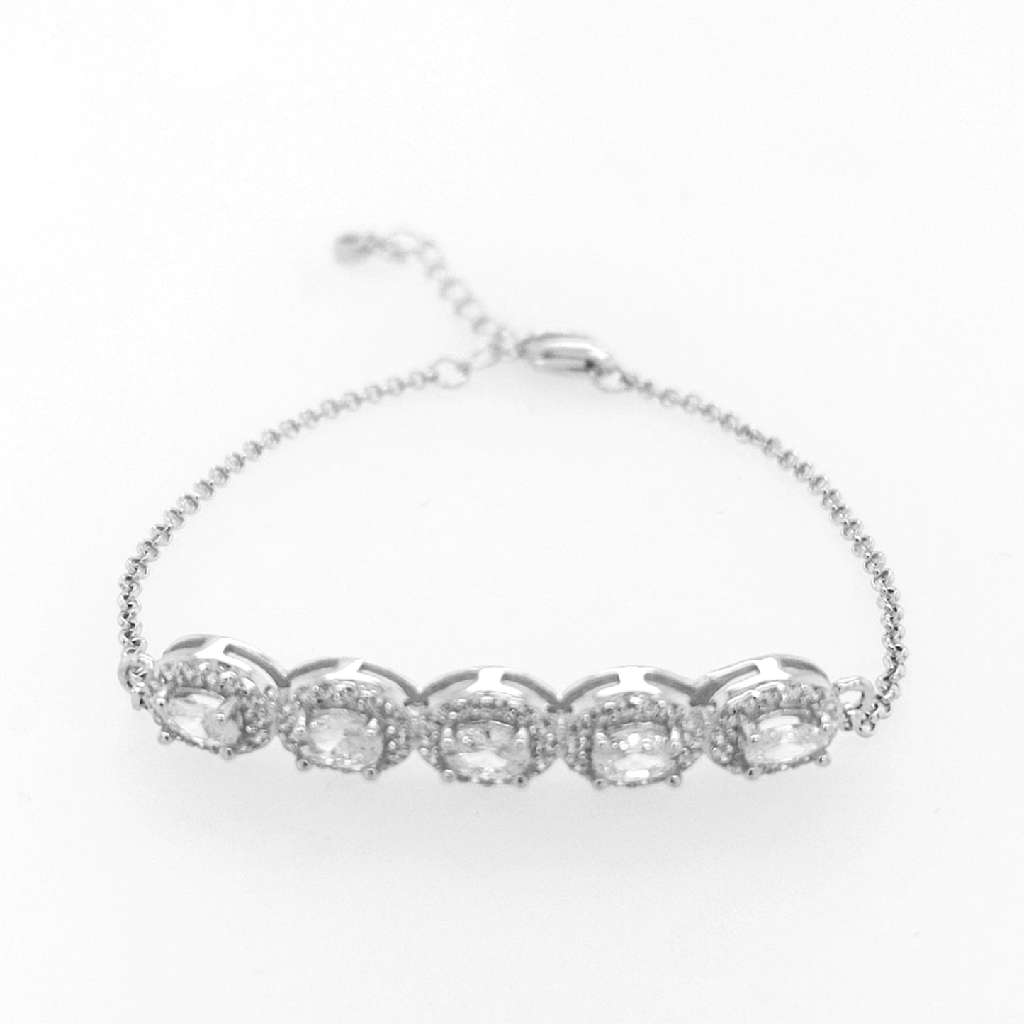 Sterling Silver Oval Halo CZ Bar Bracelet - HK Jewels
