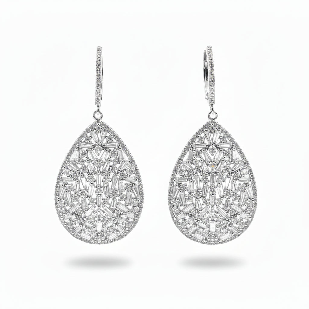 Sterling Silver Baguette Teardrop Earrings - HK Jewels
