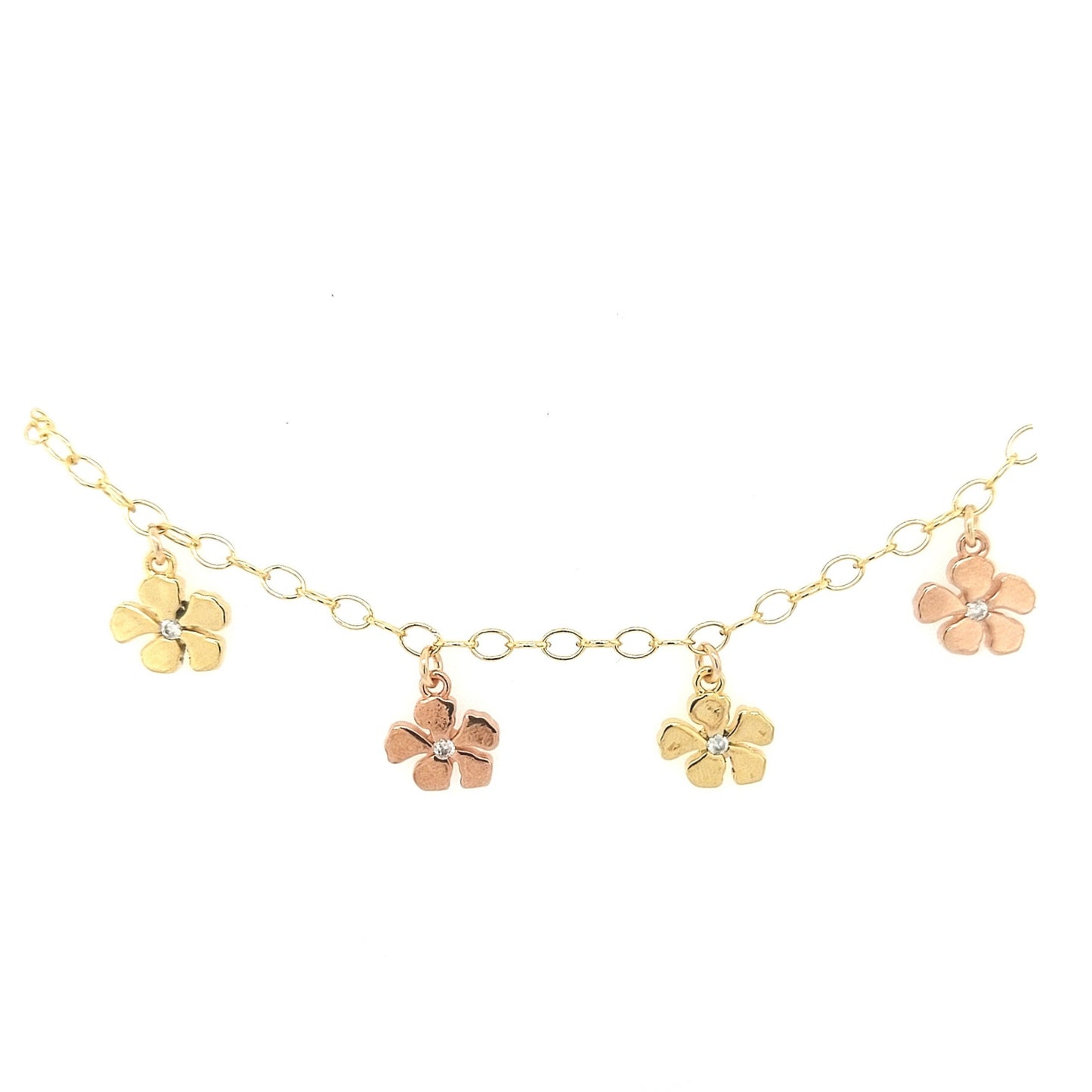 Gold Filled Chain With Hanging Gold and Rose Gold Flowers Bracelet - HK Jewels