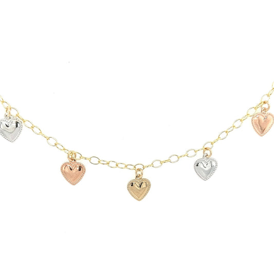 Gold Filled Chain With Hanging Gold and Rose Gold Hearts Bracelet - HK Jewels