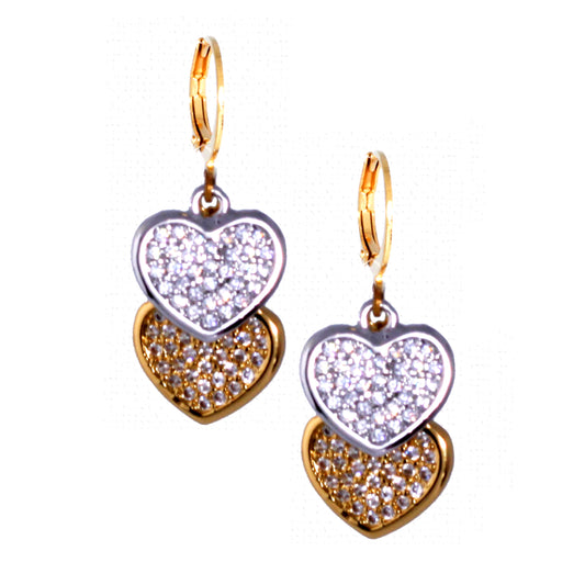 Surgical Steel Double Two-Tone Hanging CZ Heart Earring - HK Jewels