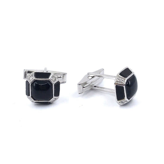 Sterling Silver Square with Cut Corners Black Cufflinks - HK Jewels